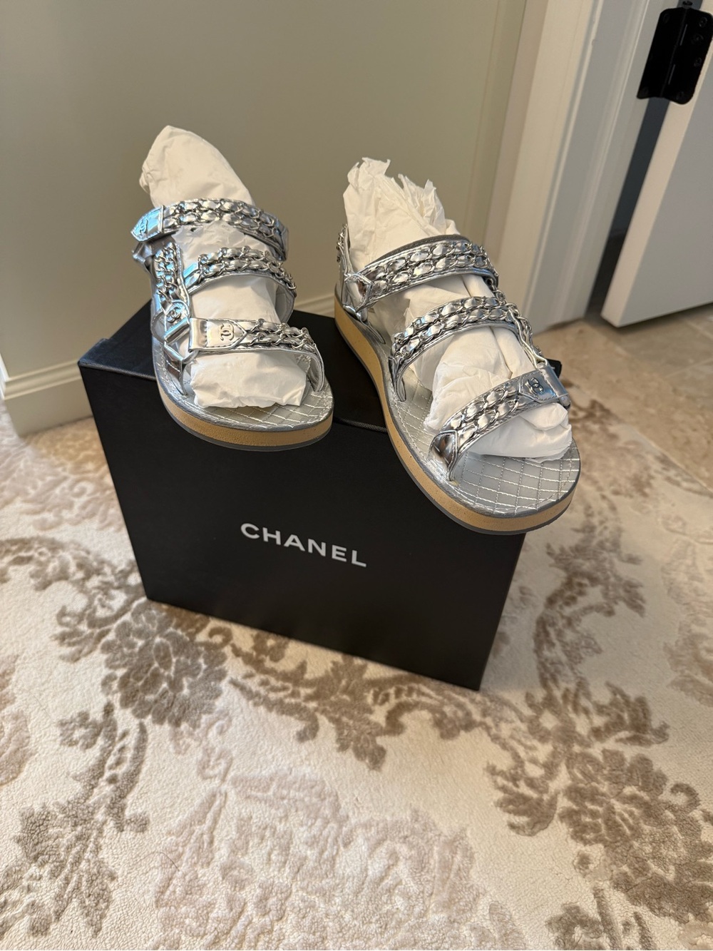 CHANEL Metallic Silver Quilted Chain-Strap Sandals